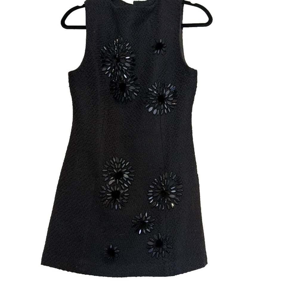 JESSIE G BLACK MINI FORMAL DRESS EMBELLISHED WITH BEADS AND FUR SZ M